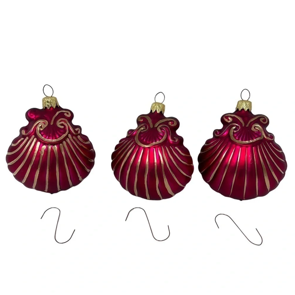 VTG Tannenbaum Collection Four Poland Blown Glass Red Gold Sea Shell Ornaments